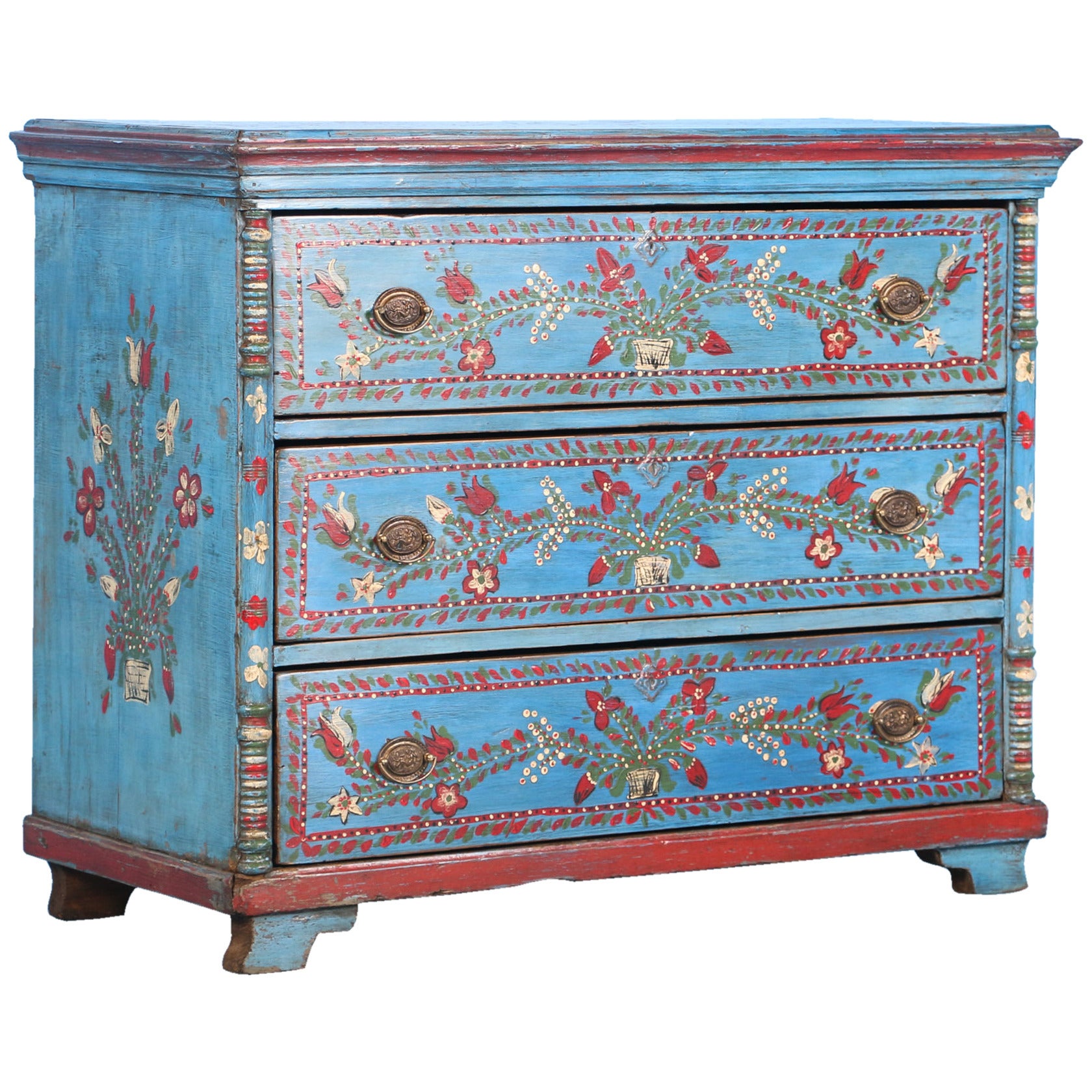 Antique Original Blue Painted Chest of Three Drawers with Flowers, circa 1880