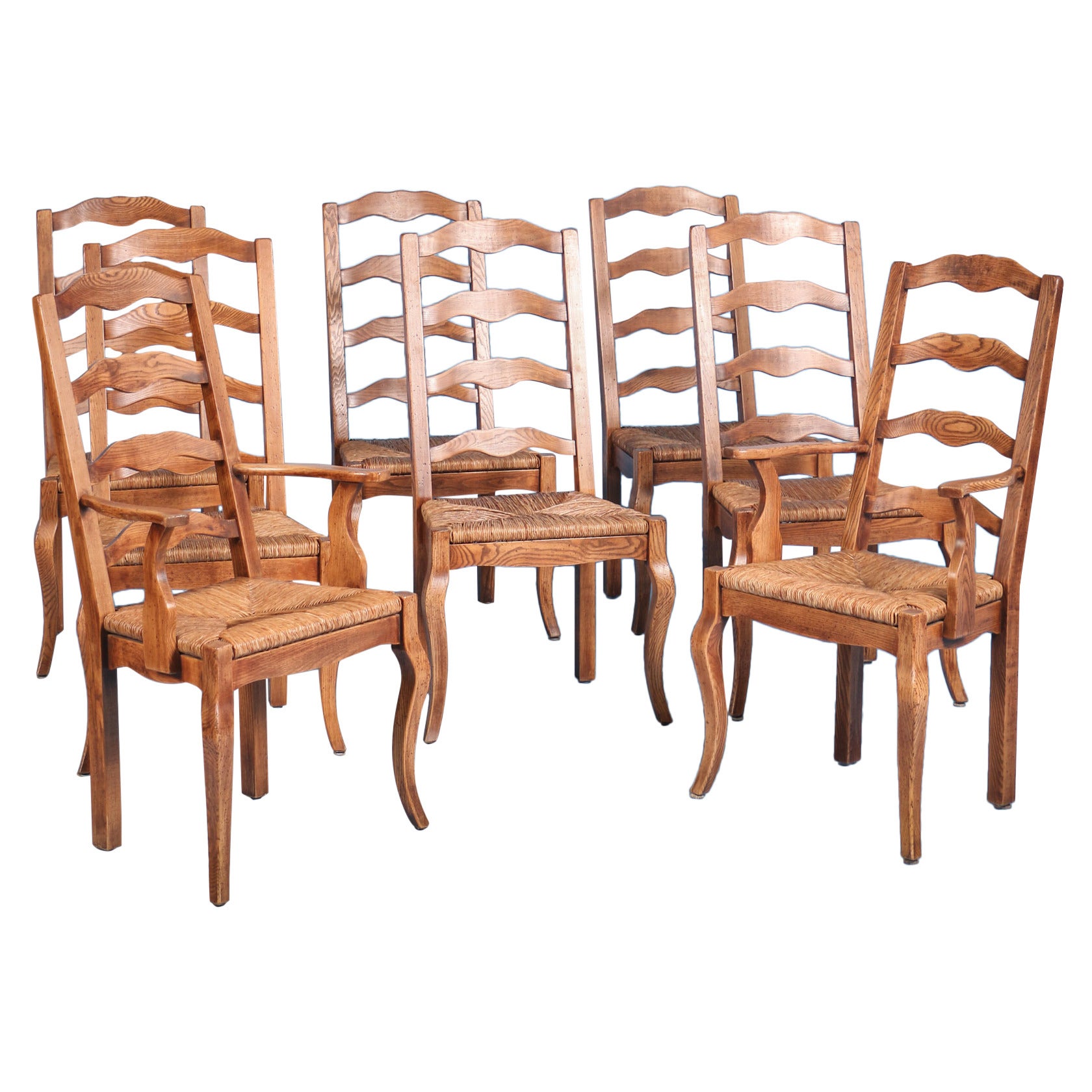 French Country Elm Wood and Rush Seat Dining Chairs, Set of Eight