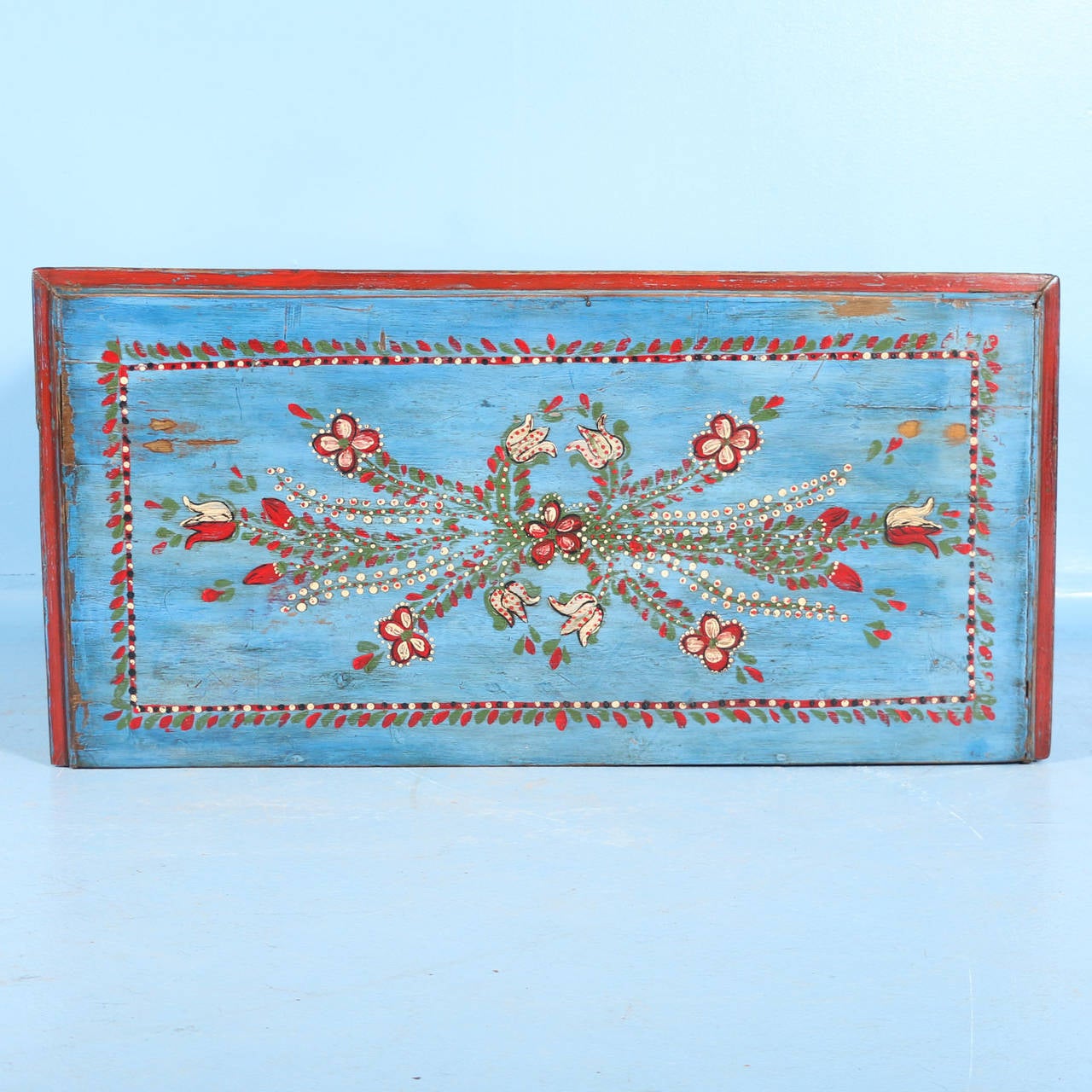 Hungarian Antique Original Blue Painted Chest of Three Drawers with Flowers, circa 1880