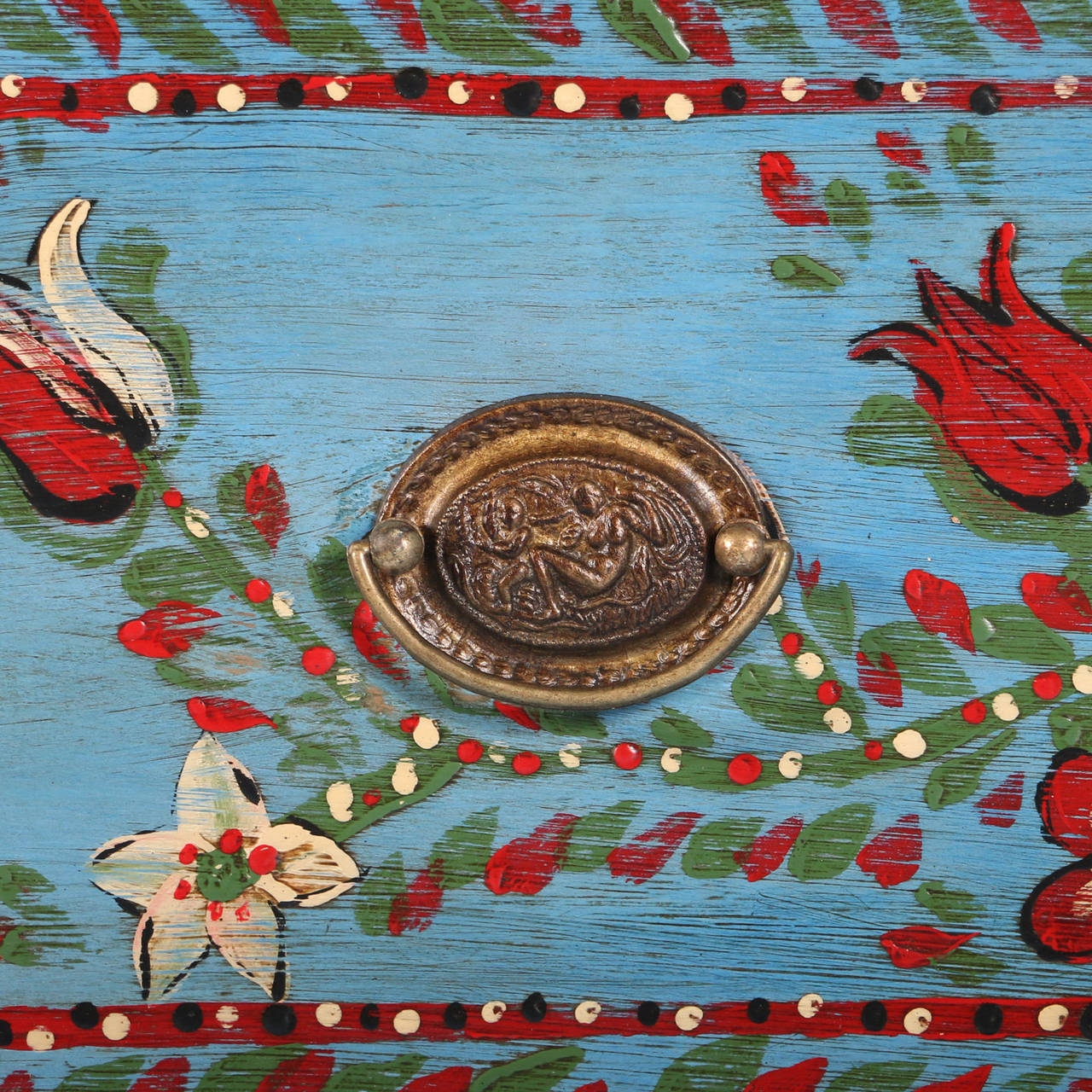 Antique Original Blue Painted Chest of Three Drawers with Flowers, circa 1880 2