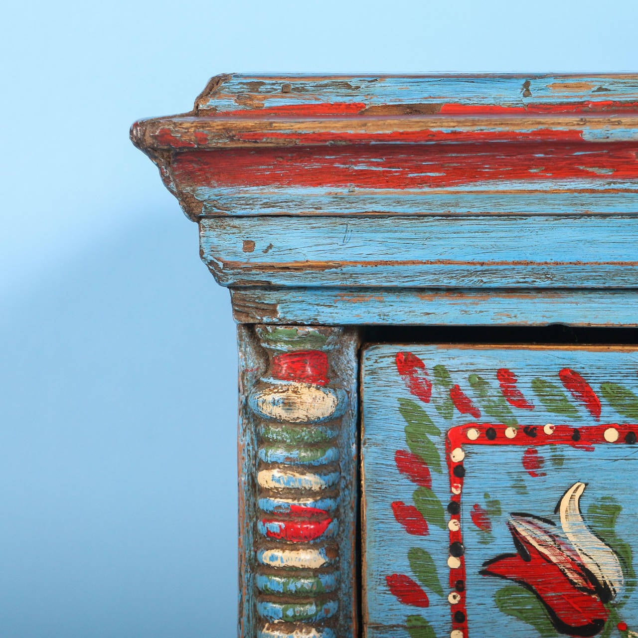 19th Century Antique Original Blue Painted Chest of Three Drawers with Flowers, circa 1880