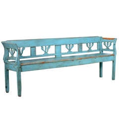 Antique Original Painted Long Blue Bench, Romania circa 1870-90