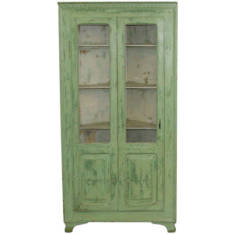 Antique Original Painted Green Corner Cupboard, Sweden Circa 1880 at