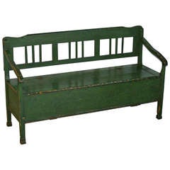 Antique Original Painted Green Bench with Storage, Romanian Circa