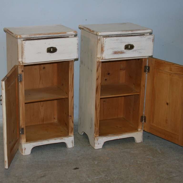 Romanian Pair, Antique White Painted Small Nightstands, Romania 1920's