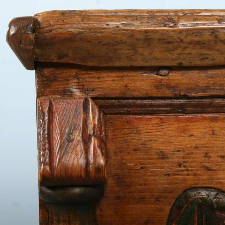 19th Century Antique Painted Carved Trunk Chest, Romania circa 1870