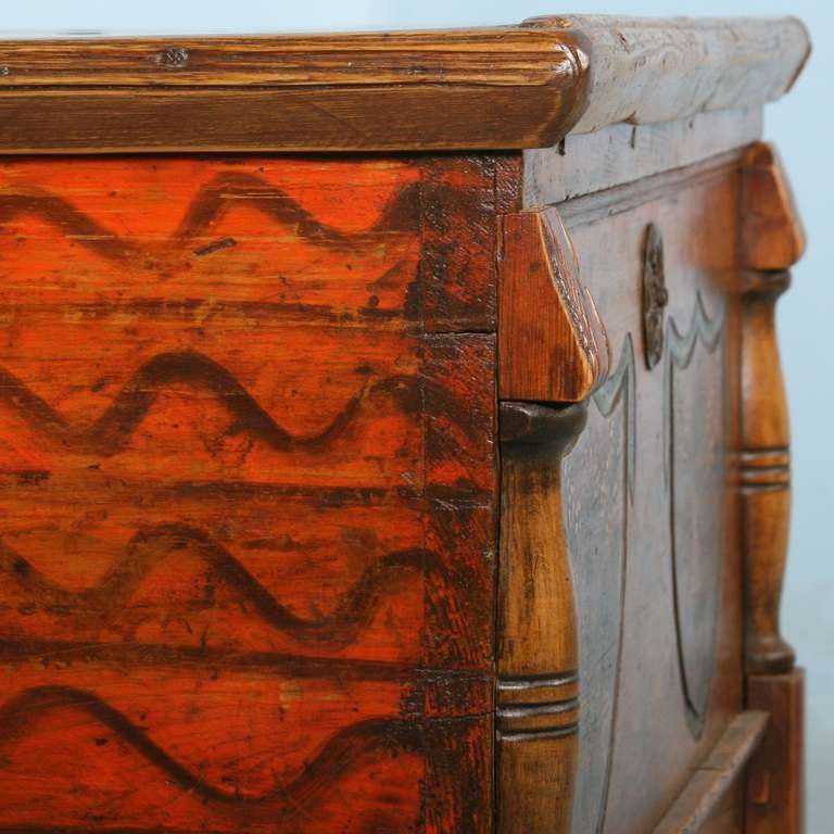 Antique Painted Carved Trunk Chest, Romania circa 1870 1