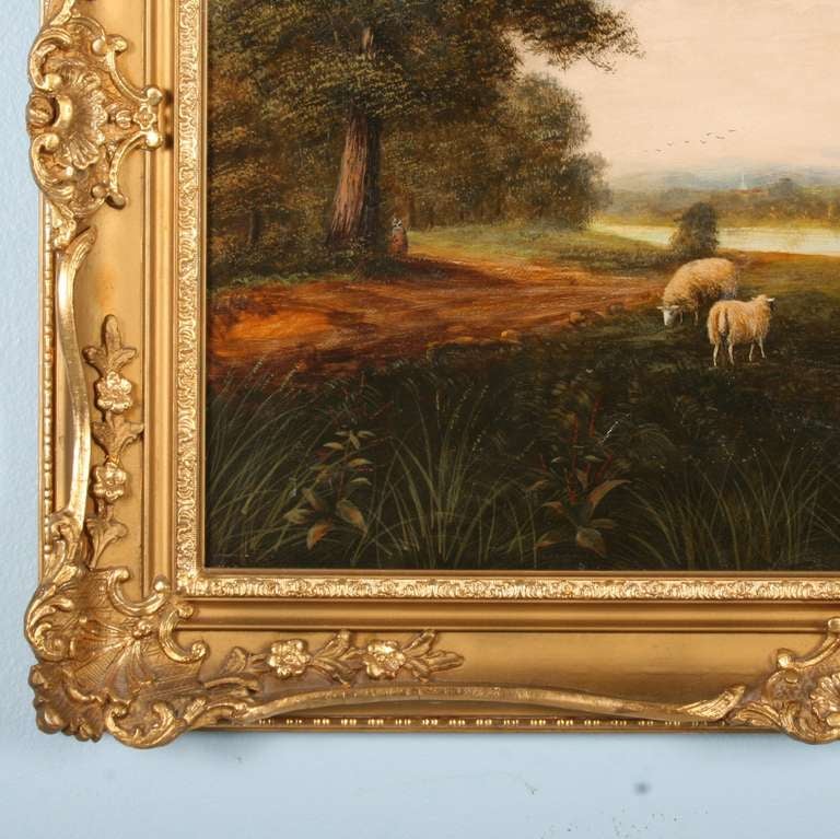 Canvas Original Framed Oil Pastoral Painting of Sheep Grazing Signed D. Normen