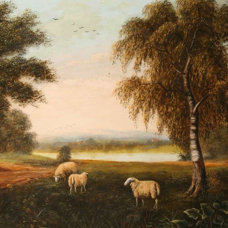 American Original Framed Oil Pastoral Painting of Sheep Grazing Signed D. Normen