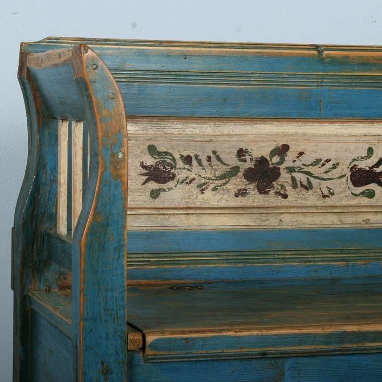 Pine Antique Original Painted Small Romanian Bench with Storage