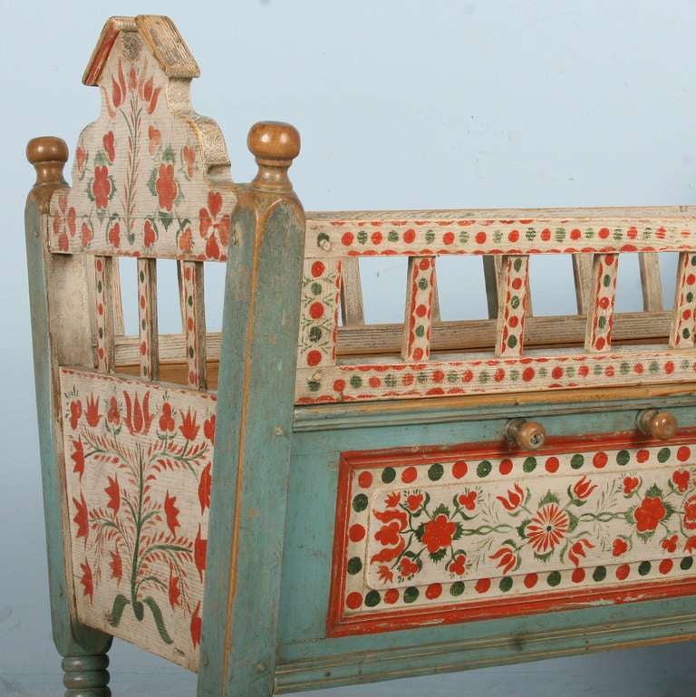 Romanian Antique Original Painted Baby Crib Bassinette Rocker, Circa 1850