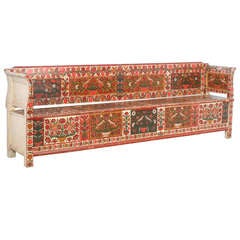 Antique Long Original Red Painted Floral Bench with Storage - Romania circa 1880