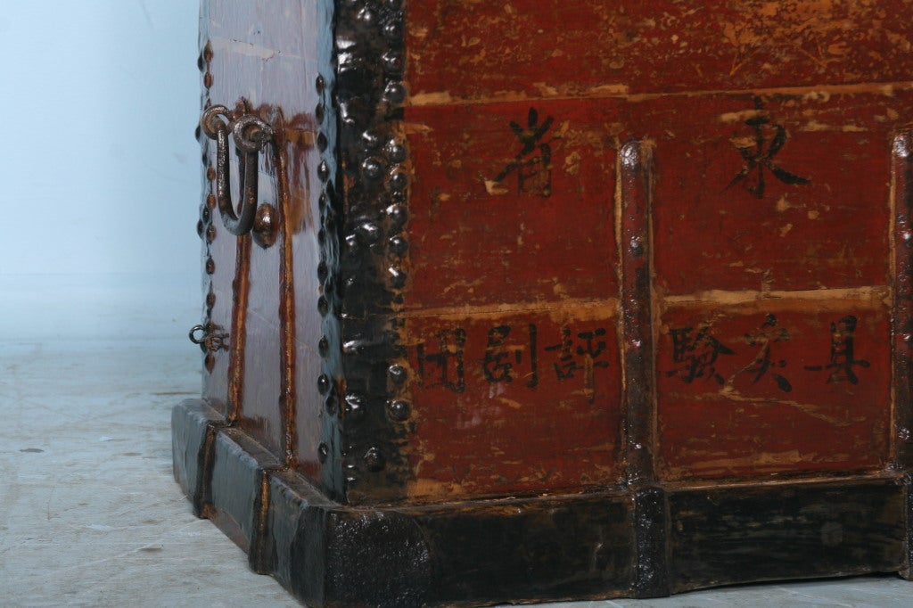 18th Century and Earlier Captivating Antique Red Painted Chinese Trunk
