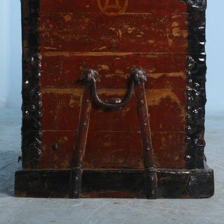 Metal Captivating Antique Red Painted Chinese Trunk