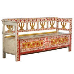 Antique Highly Painted Red Romanian Bench with Storage, circa 1880