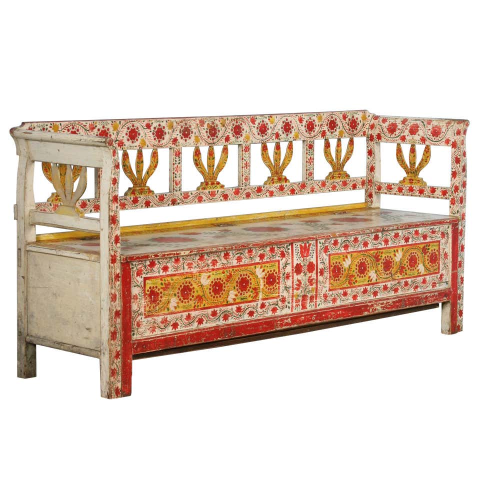 Romanesque Bench Antique Highly Painted Red Romanian Bench with Storage, circa 1880 at ...