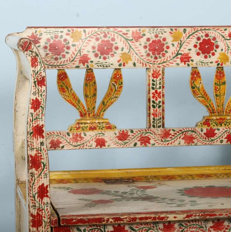 19th Century Antique Highly Painted Red Romanian Bench with Storage, circa 1880