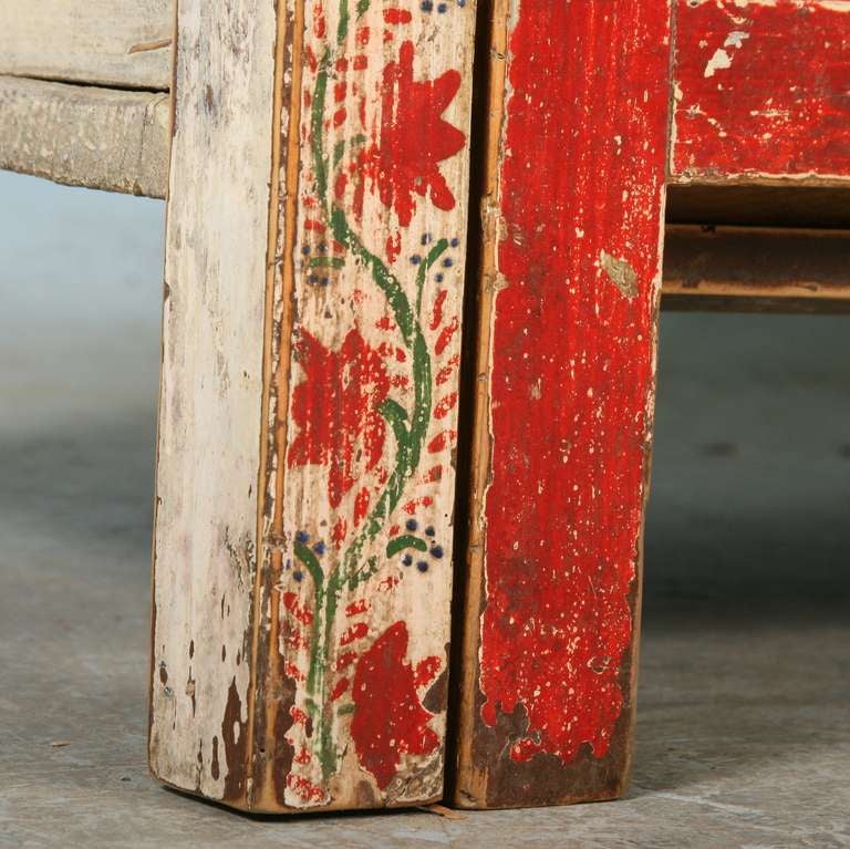 Antique Highly Painted Red Romanian Bench with Storage, circa 1880 2