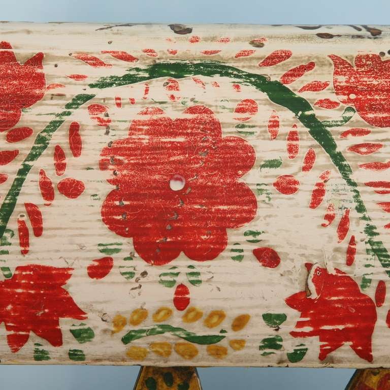 Wood Antique Highly Painted Red Romanian Bench with Storage, circa 1880