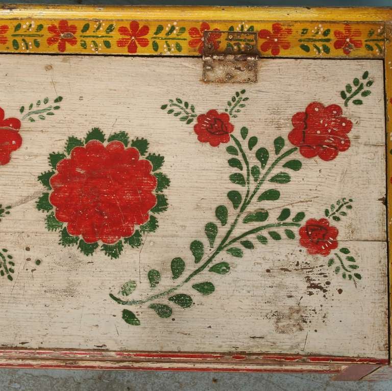 Antique Highly Painted Red Romanian Bench with Storage, circa 1880 1