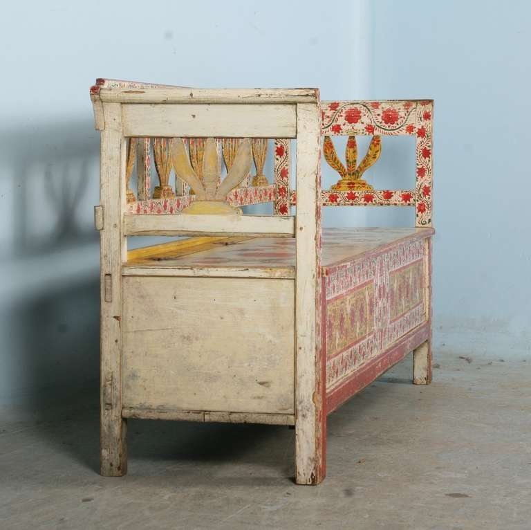 Antique Highly Painted Red Romanian Bench with Storage, circa 1880 3