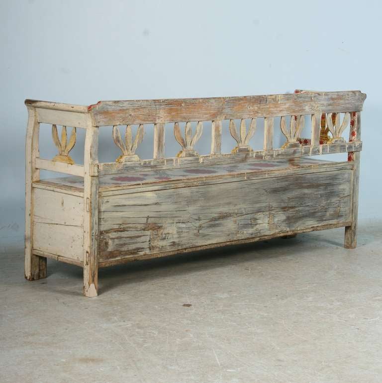 Antique Highly Painted Red Romanian Bench with Storage, circa 1880 4