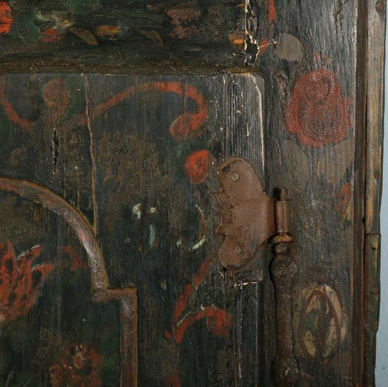 Wood Antique Original Painted Green Hanging Cupboard Cabinet, Russia circa 1860