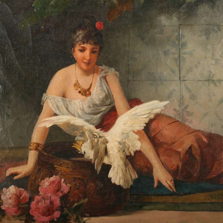 Oil on Canvas, Young Woman with Dove and Flowers Signed C 