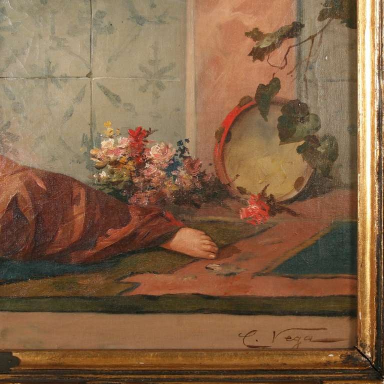 20th Century Oil on Canvas, Young Woman with Dove and Flowers Signed C. Vega circa 1900