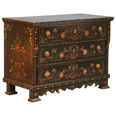Antique Highly Painted Black Chest of 3 Drawers, Romania circa 1890