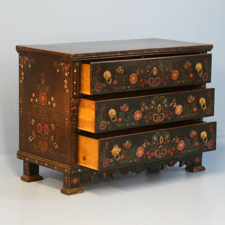 Romanian Antique Highly Painted Black Chest of 3 Drawers, Romania circa 1890