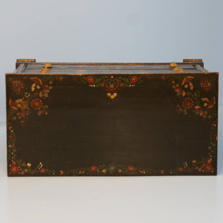19th Century Antique Highly Painted Black Chest of 3 Drawers, Romania circa 1890