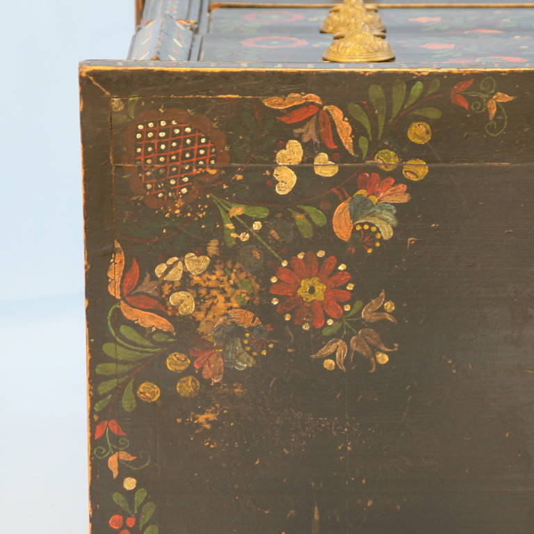 Pine Antique Highly Painted Black Chest of 3 Drawers, Romania circa 1890