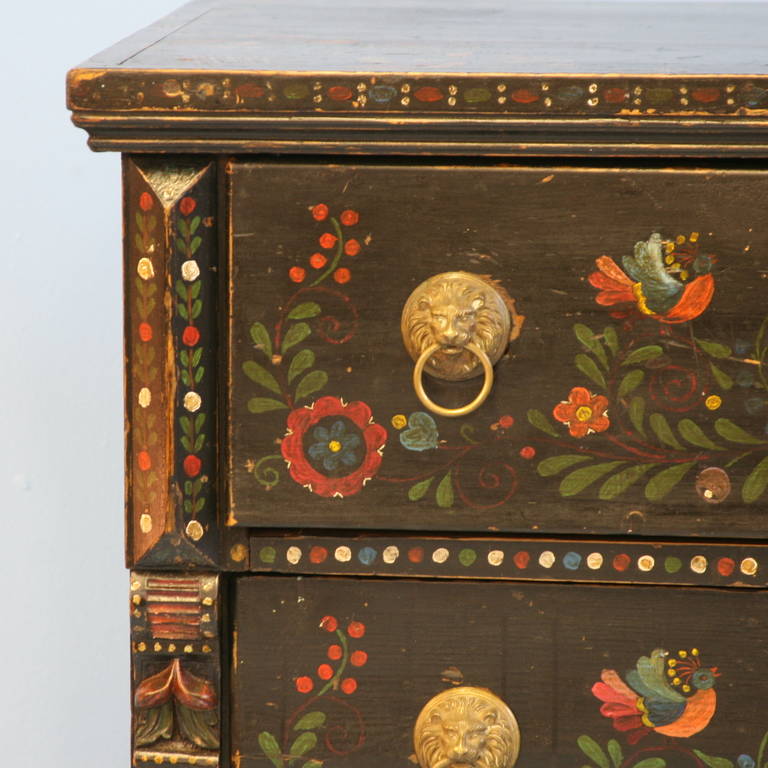 Antique Highly Painted Black Chest of 3 Drawers, Romania circa 1890 1