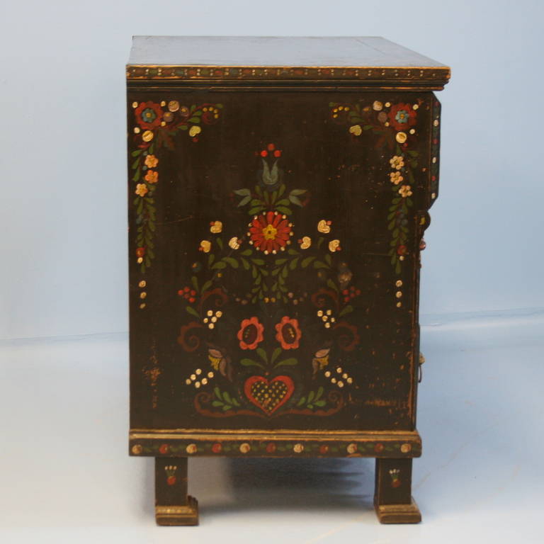Antique Highly Painted Black Chest of 3 Drawers, Romania circa 1890 2