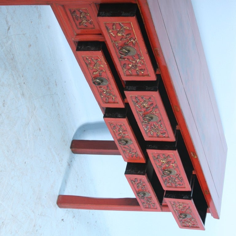 Chinese Red Painted Seven Drawer Lacquered Console Table