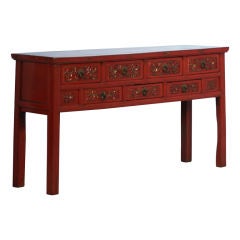 Chinese Red Painted Seven Drawer Lacquered Console Table