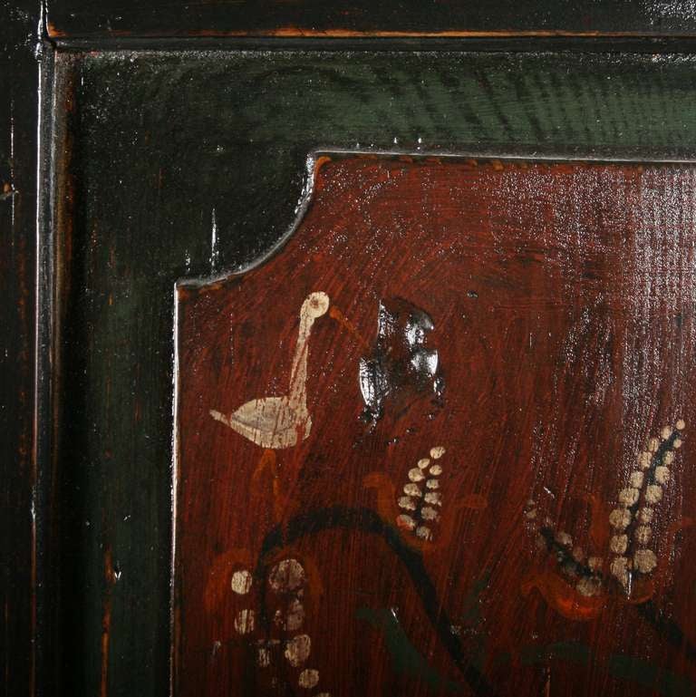 19th Century Antique Original Painted Single Door Pine Armoire With Birds and Flowers