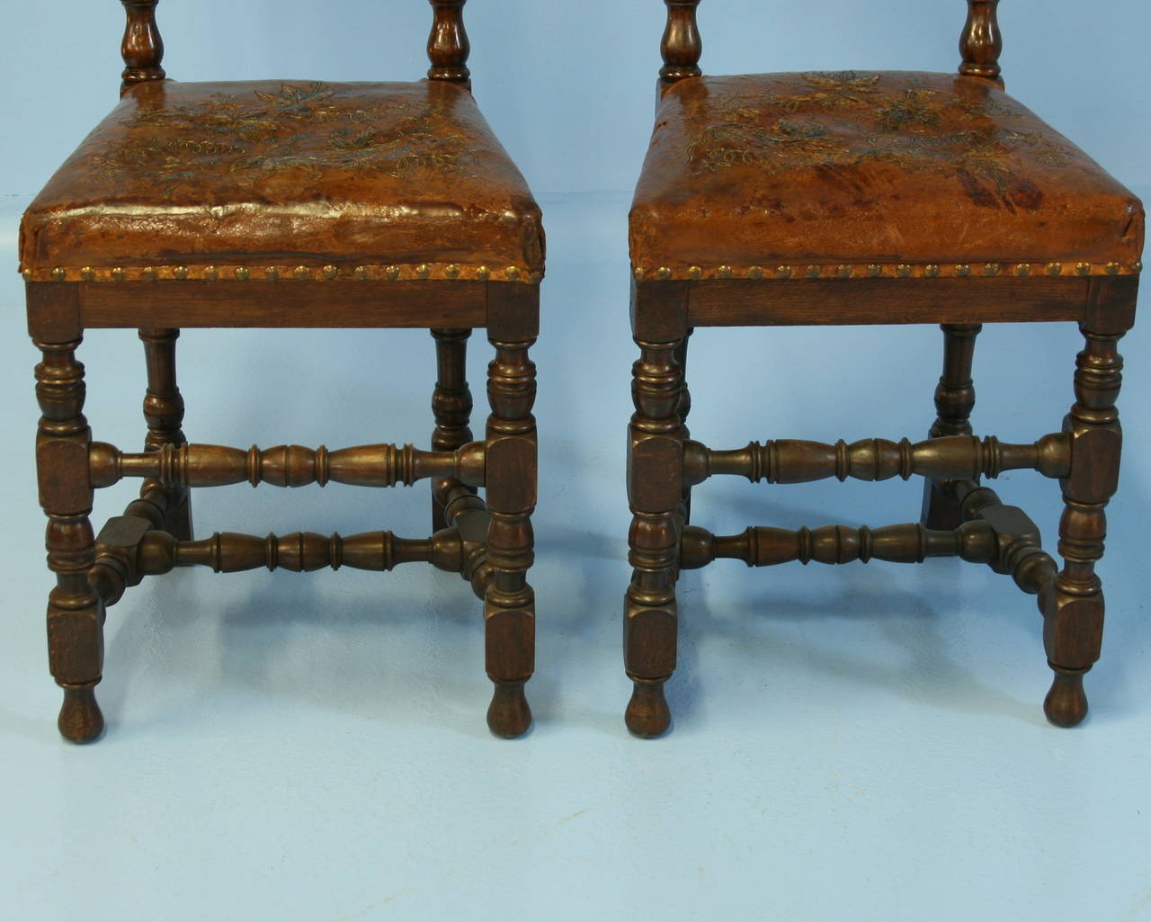 Danish Pair, Antique Leather Embossed Painted High Back Chairs, Denmark circa 1850