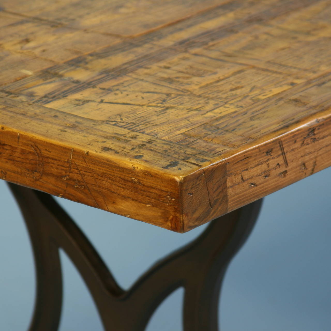 American Large Vintage Industrial Style Table, Iron Legs & Reclaimed Wood Top, circa 1920