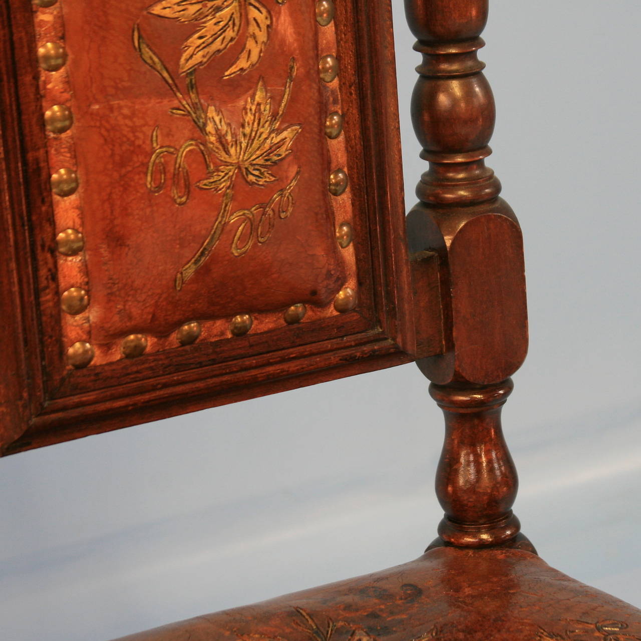 Pair, Antique Leather Embossed Painted High Back Chairs, Denmark circa 1850 1