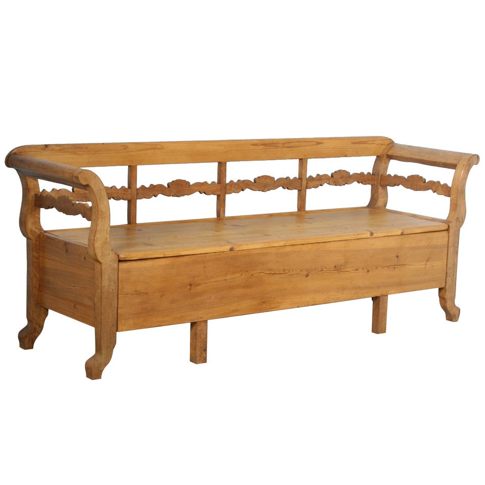 Antique Karl Johan Swedish Pine Bench with Storage, circa 1860-80