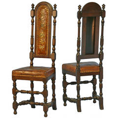 Pair, Antique Leather Embossed Painted High Back Chairs, Denmark circa 1850