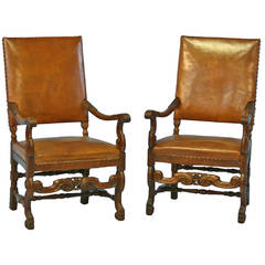 Antique Pair of Carved Leather Arm Chairs, France circa 1880