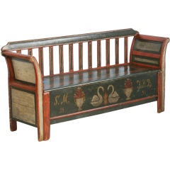 Used Hand Painted Danish Bench with Swans, Monograms, dated 1858