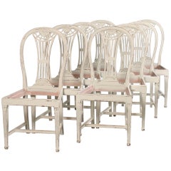 Antique Set of 8 Sidechairs, Gustavian Style, white distressed paint
