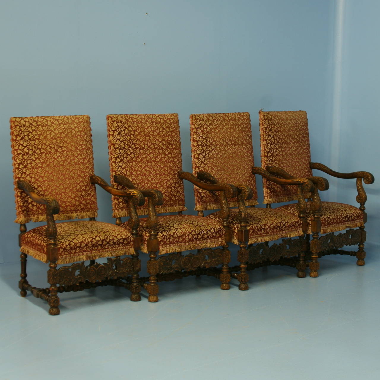 Danish Antique Set of 4 Carved Arm Chairs, Denmark circa 1880-1900