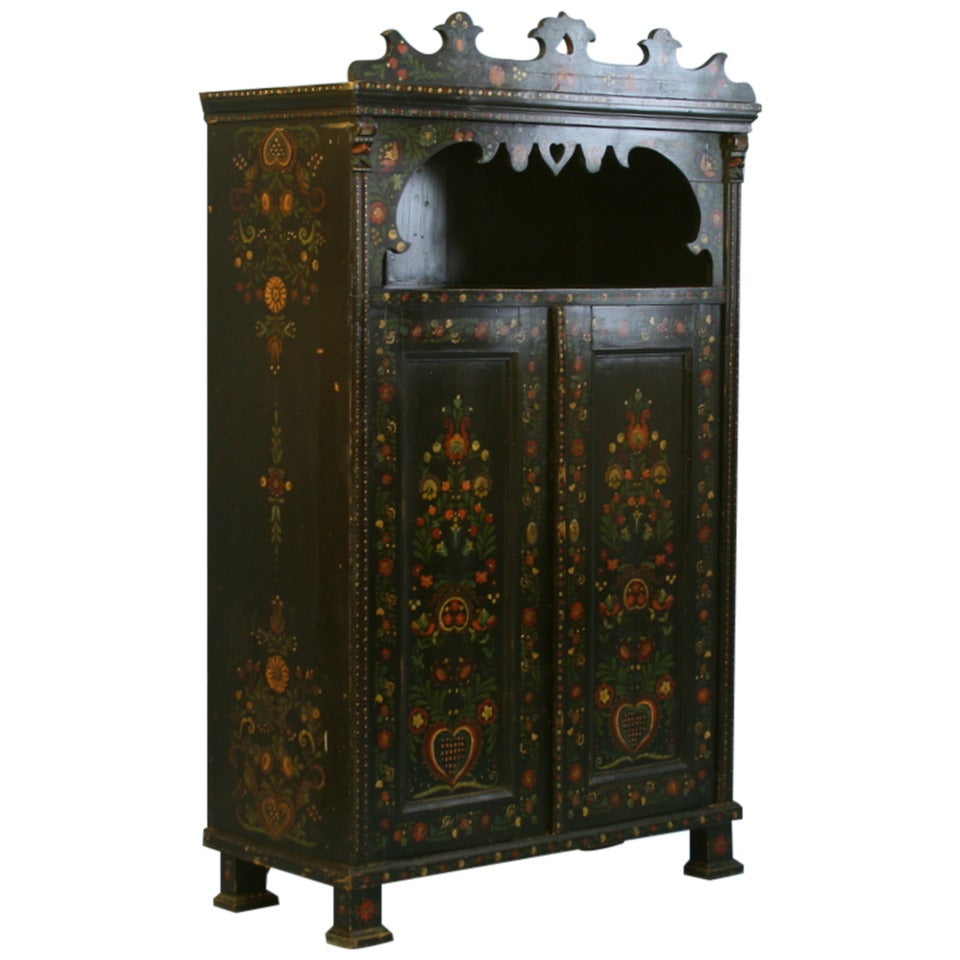 Antique Highly Painted Black Armoire Cabinet, Romania circa 1900
s