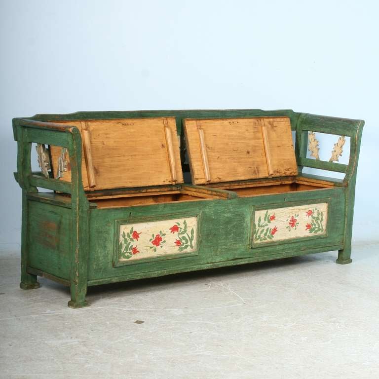 Romanian Antique Original Green Painted Bench With Storage