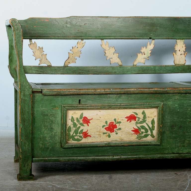 Antique Original Green Painted Bench With Storage In Excellent Condition In Round Top, TX
